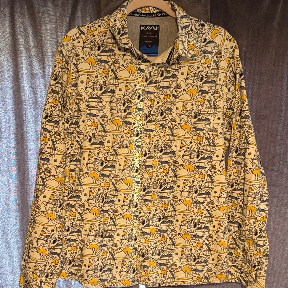 Kavu Cream Long-Sleeve Shirt with Yellow Graphic Pattern